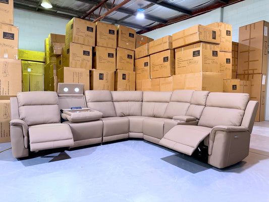 HIWA latte brown Capri leather electric recliner corner lounge suite with the recliners extended