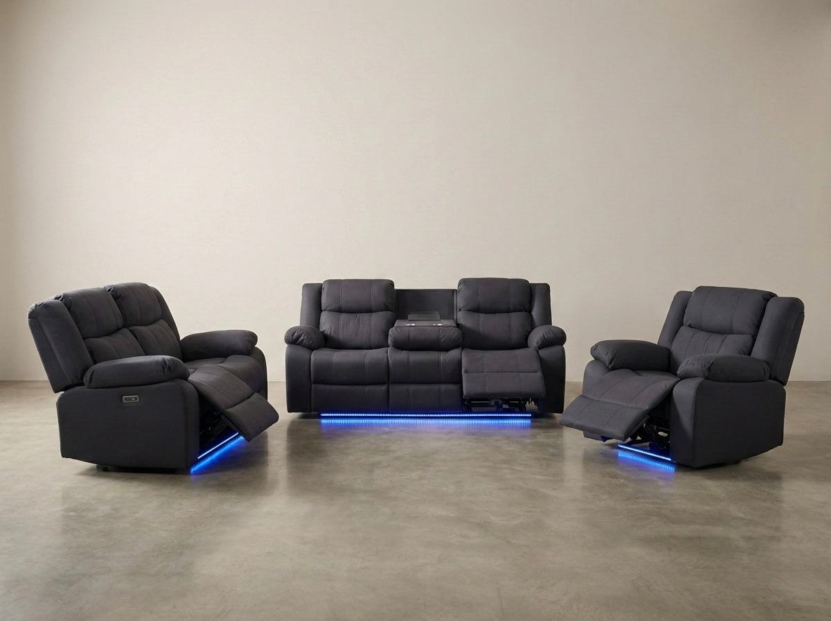 JASON 3+2+1 electric recliner suite in black Rhino fabric, all seats reclined with the LED base lighting on