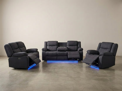 JASON 3+2+1 electric recliner suite in black Rhino fabric, all seats reclined with the LED base lighting on