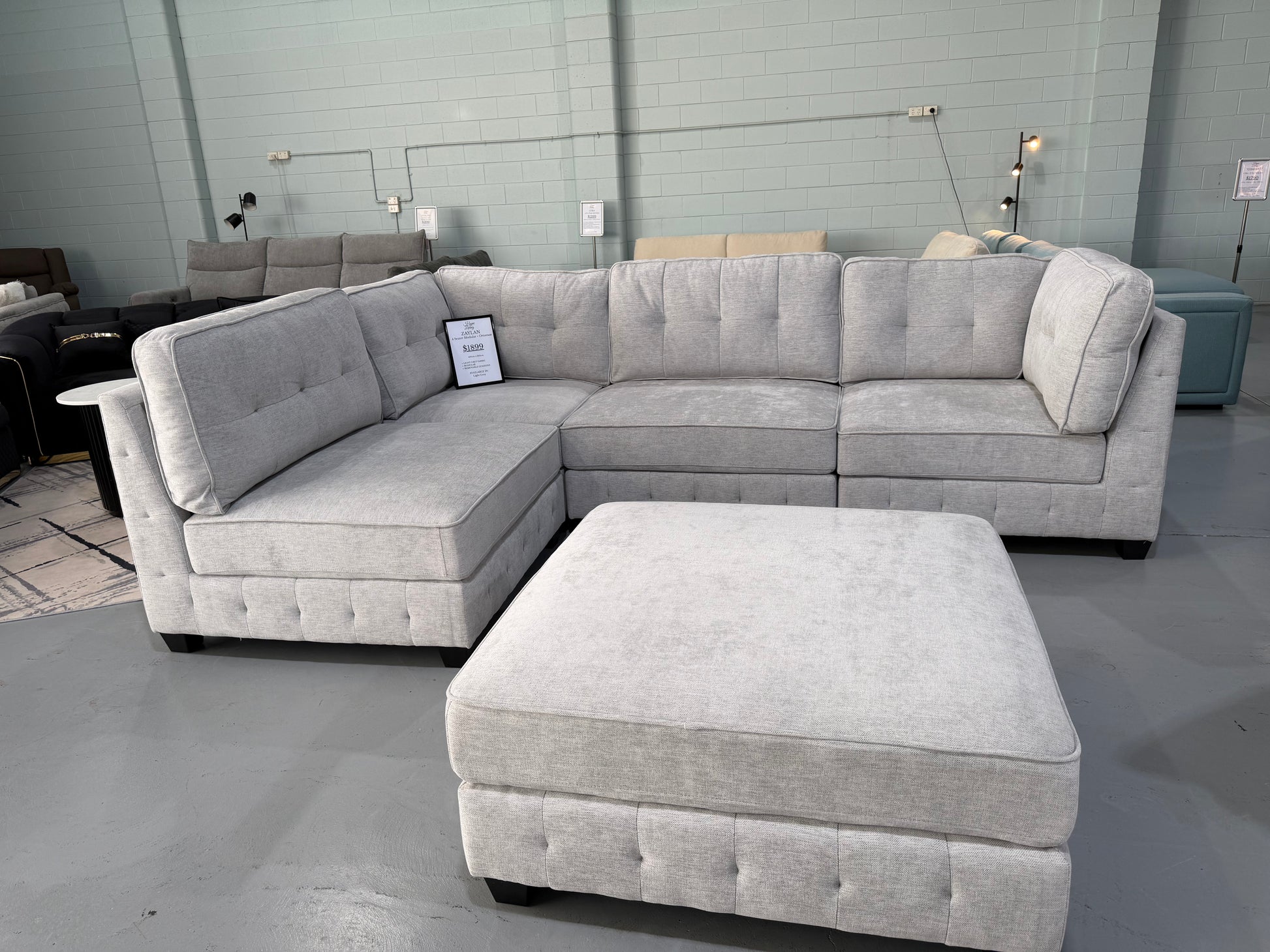 ZAYLAN modular sectional couch in light grey glamour fabric, view 3