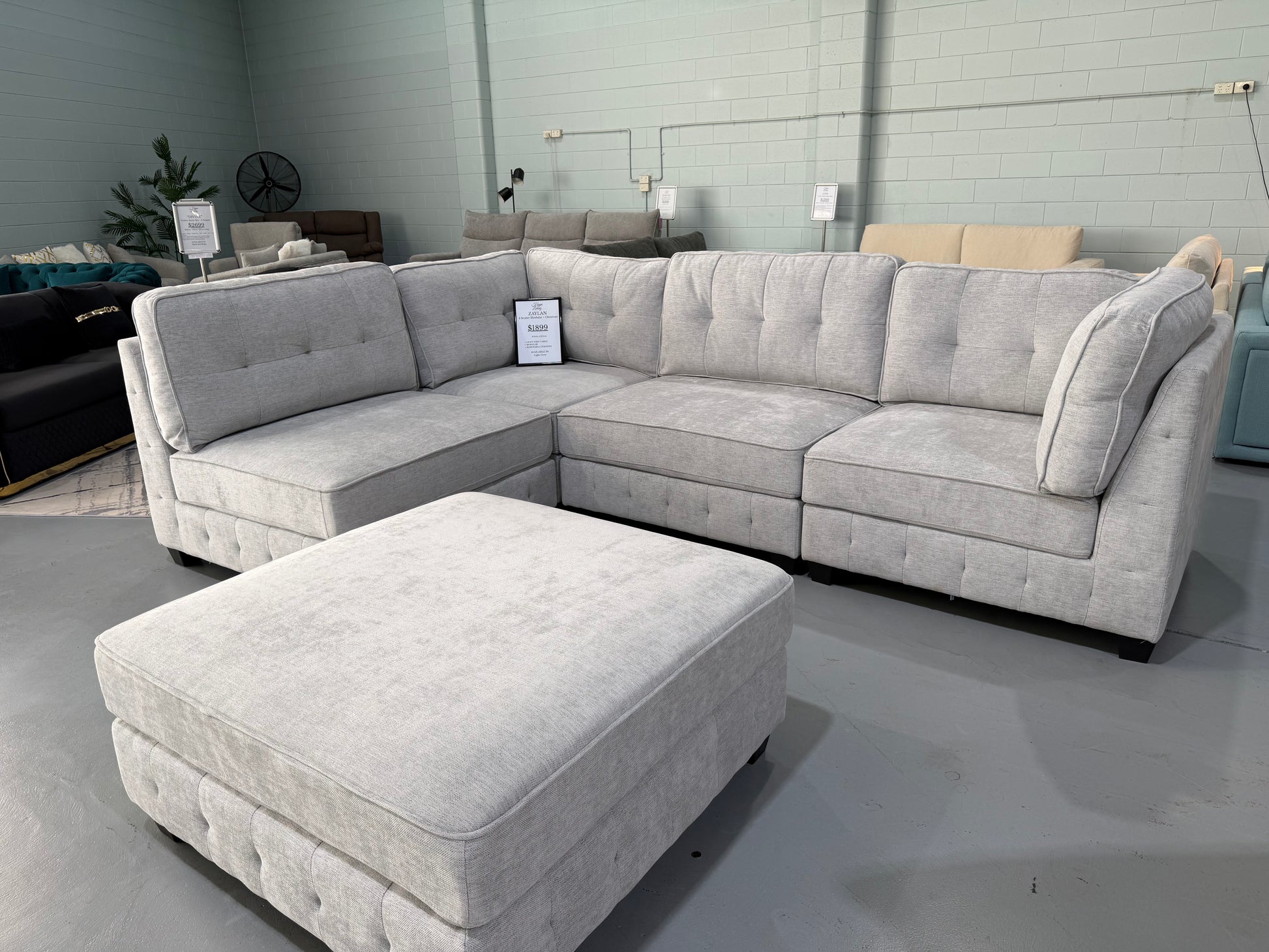 ZAYLAN modular sectional couch in light grey glamour fabric, view 2