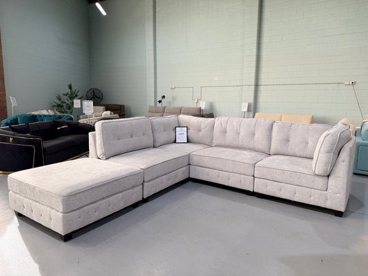 ZAYLAN modular sectional 5 seater couch in light grey glamour fabric