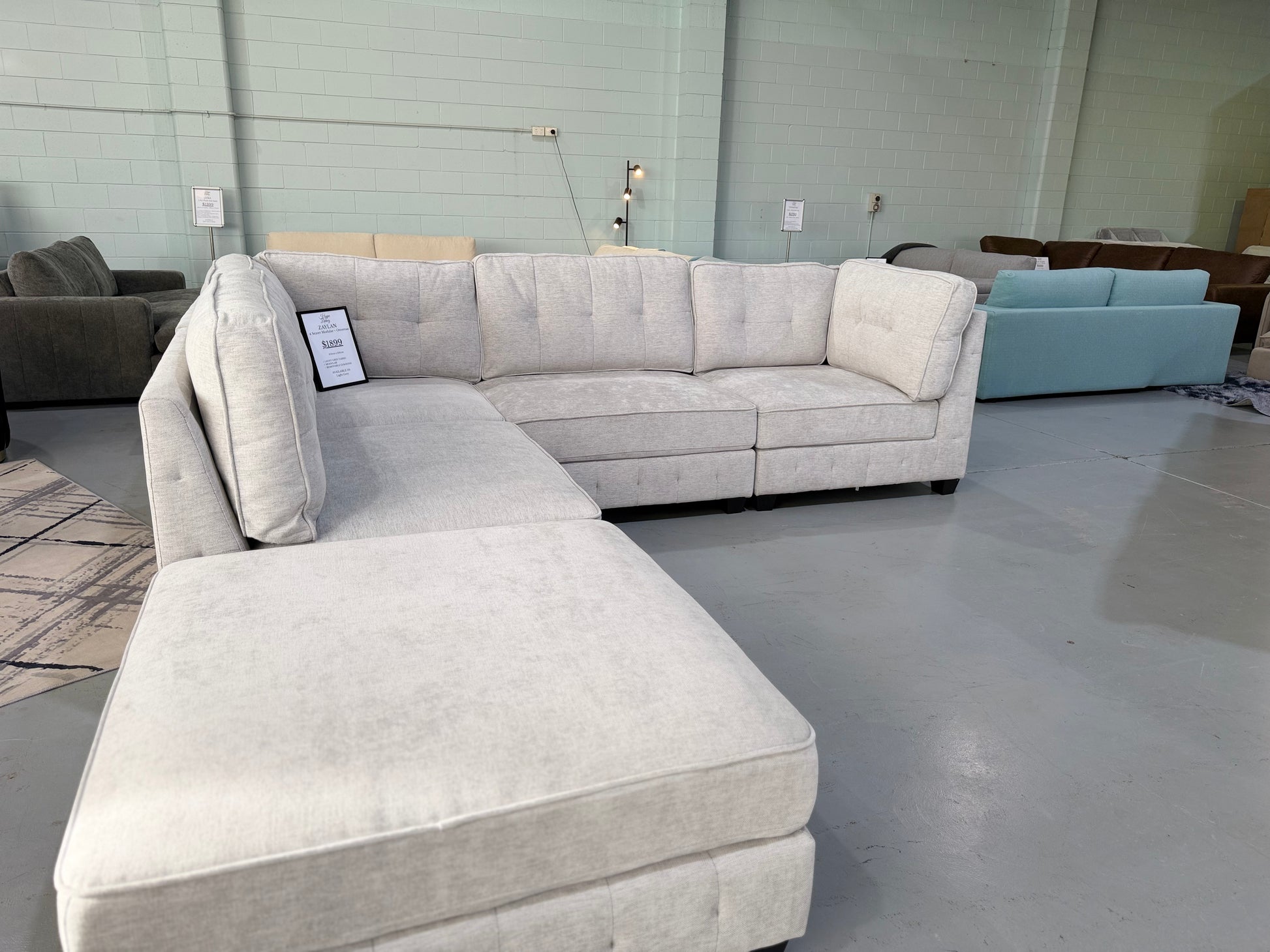ZAYLAN modular sectional couch in light grey glamour fabric, view 4
