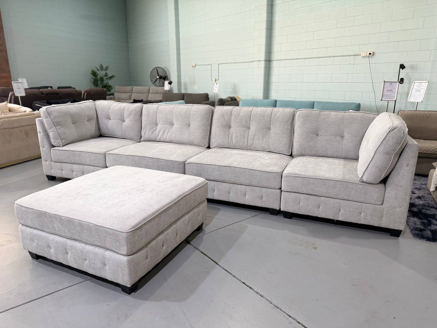 ZAYLAN modular sectional couch in light grey glamour fabric, view 10
