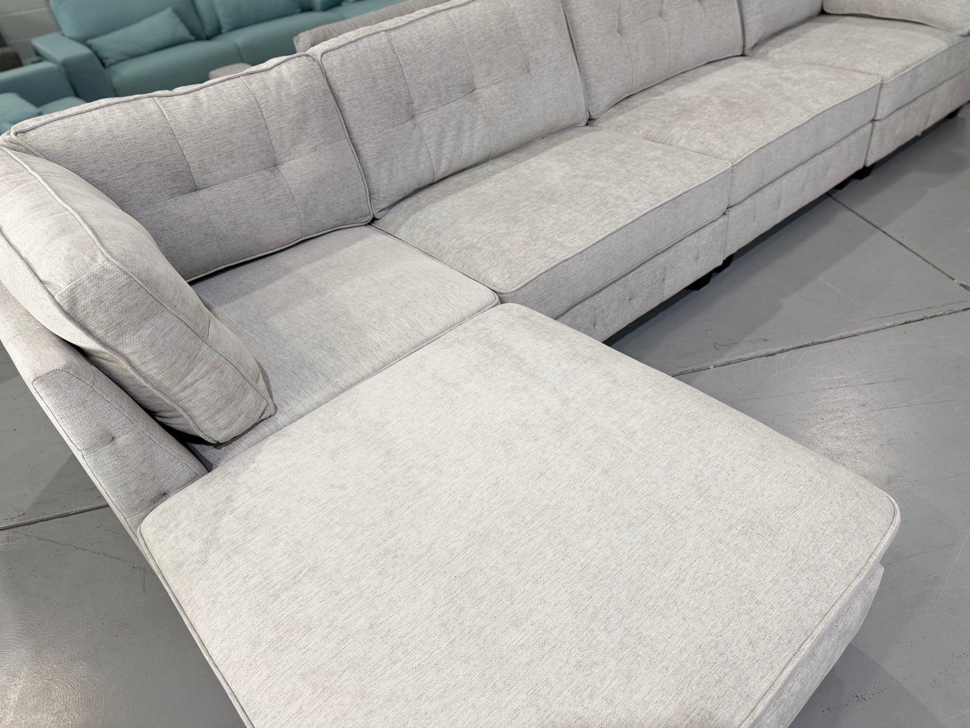 ZAYLAN modular sectional couch in light grey glamour fabric, view 12