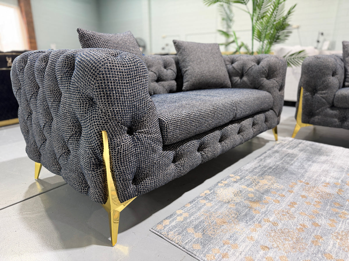 DIORA dark blue and black boucle Chesterfield, deep-button tufting detail