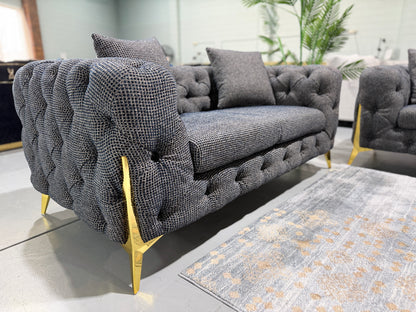 DIORA dark blue and black boucle Chesterfield, deep-button tufting detail