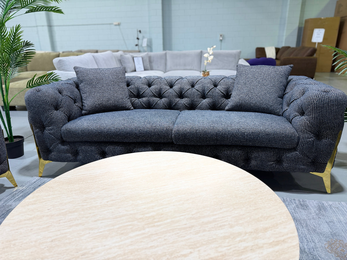 DIORA two-tone boucle Chesterfield sofa, tufted arm detail