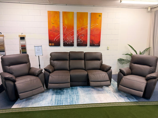 ASPECT chocolate brown genuine leather electric recliner suite 3+1+1, showroom view
