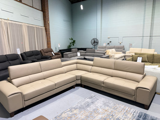 BELLAGIO warm beige genuine leather modular corner lounge, showroom view