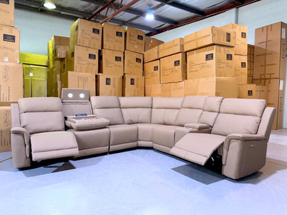 HIWA latte brown Capri leather electric recliner corner lounge suite with the recliners extended