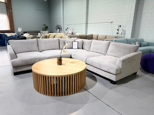 ORION light grey cord fabric corner lounge, showroom view