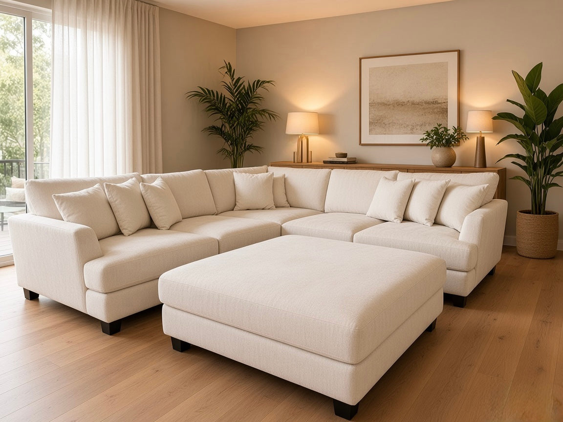 SEABROOK deep seated fabric L-shape corner lounge suite with ottoman