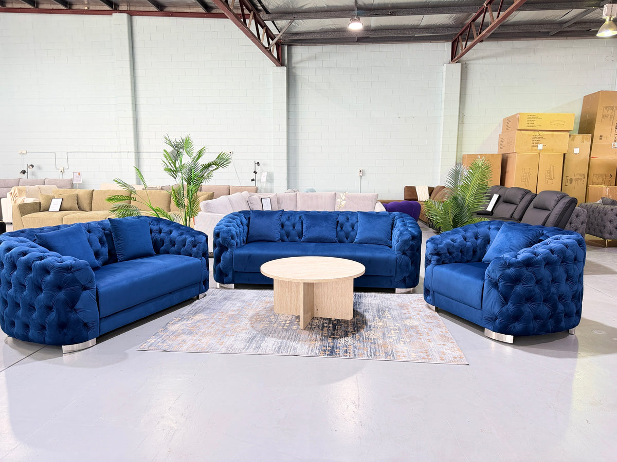 SYDNEY blue velvet Chesterfield 3+2+1 sofa set, showroom view