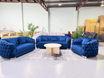 SYDNEY blue velvet Chesterfield 3+2+1 sofa set, showroom view