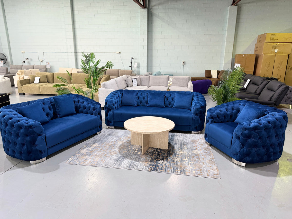 SYDNEY blue velvet Chesterfield 6 seater set, angled view