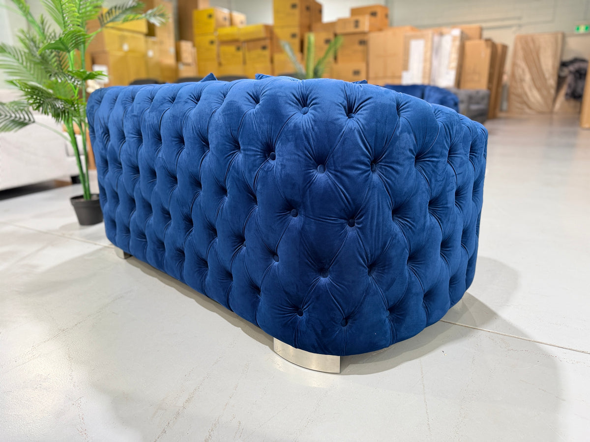 SYDNEY blue velvet Chesterfield, chrome leg detail