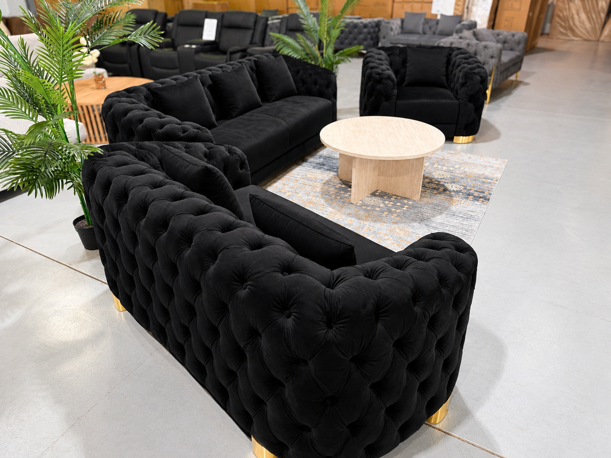 SYDNEY black velvet Chesterfield sofa set, front view