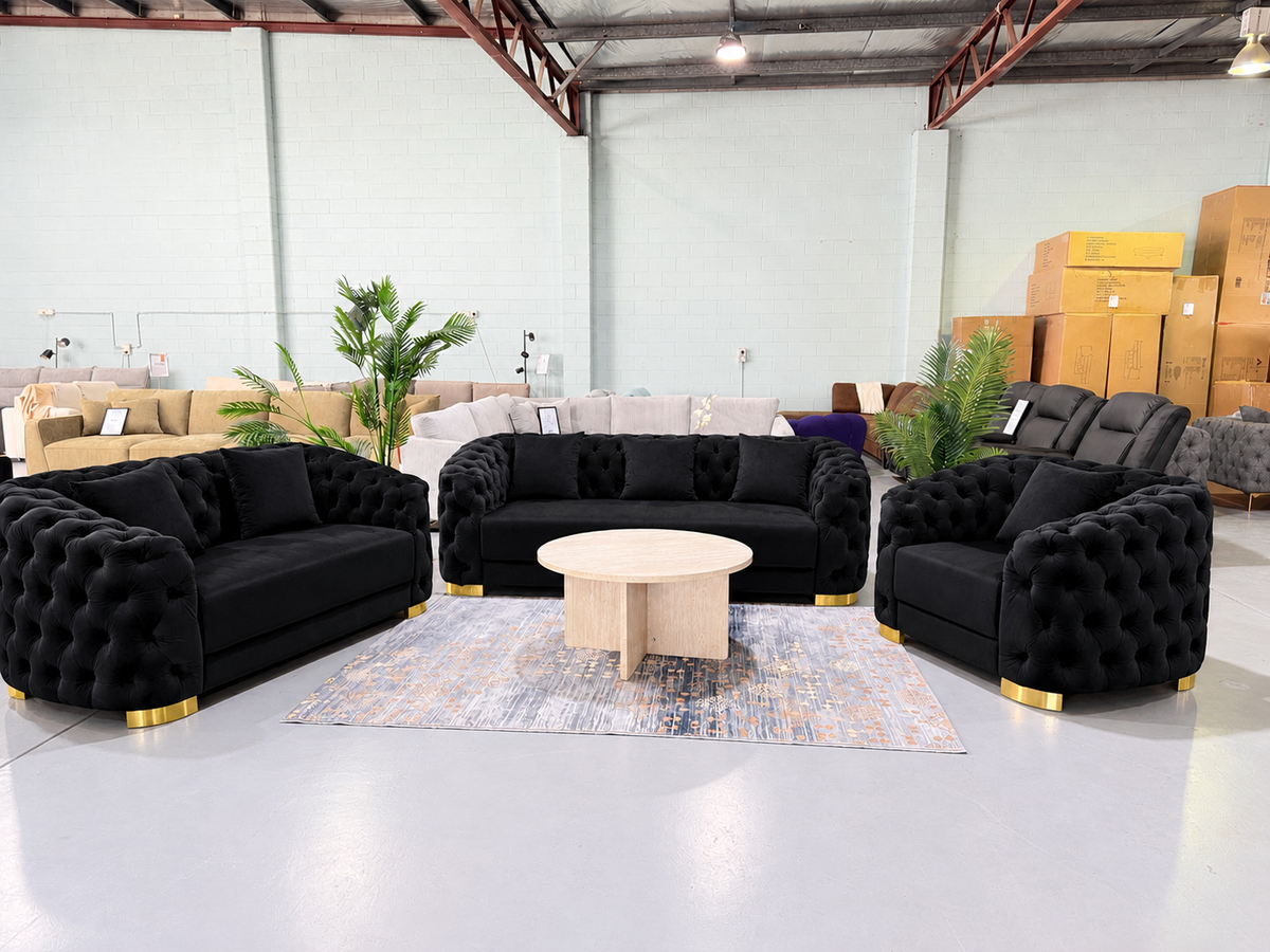 SYDNEY black velvet Chesterfield 3+2+1 sofa set with gold legs